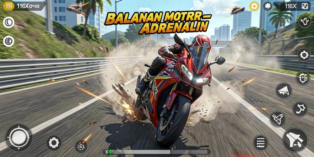 Screenshot 116X menampilkan aksi balap motor yang mendebarkan.