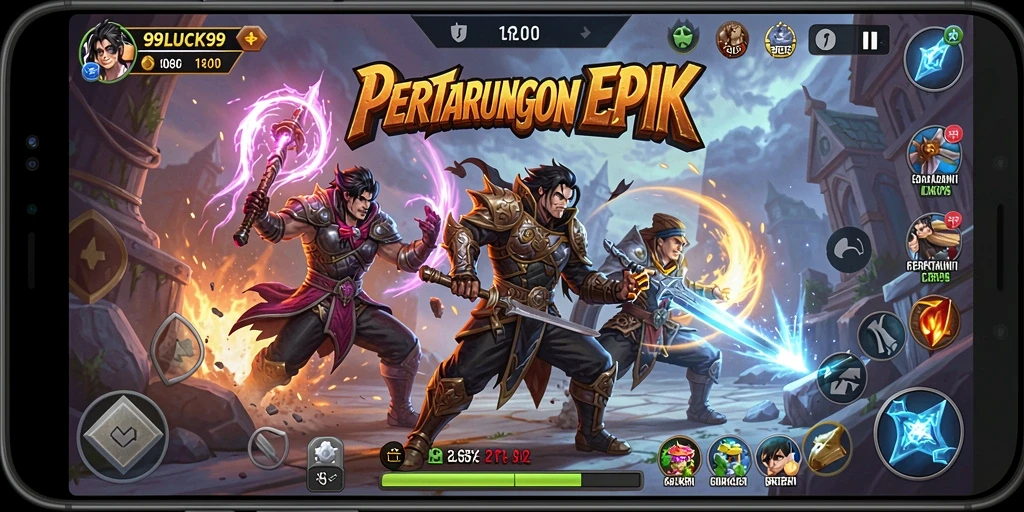 Gameplay <strong>99LUCK99</strong> yang seru dengan pertarungan karakter unik.