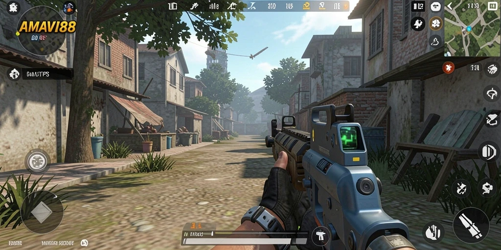 Tampilan intens dari gameplay AMAVI88 dalam mode TPS.