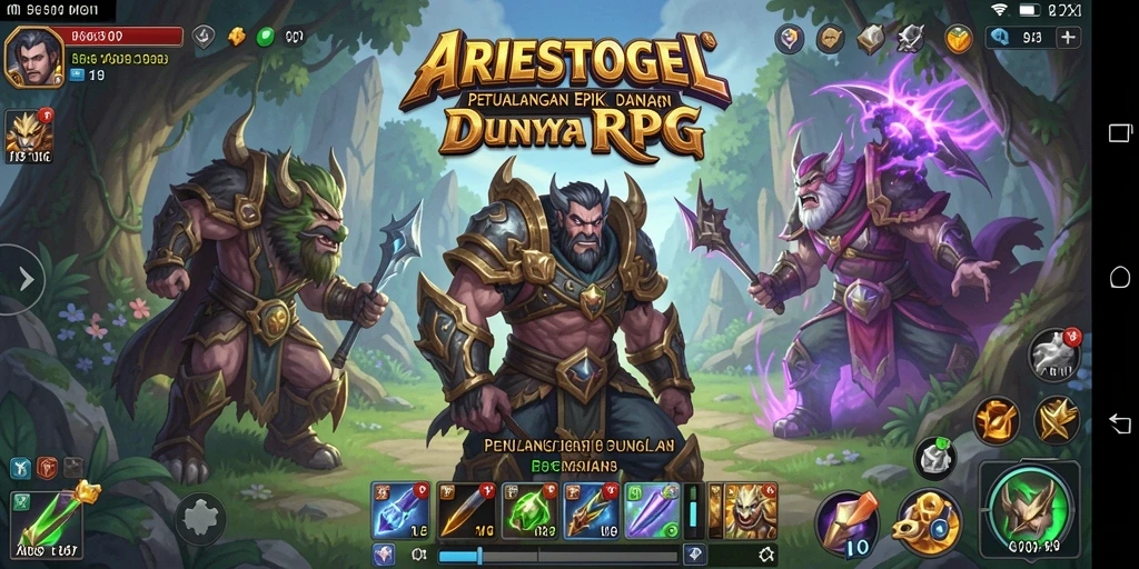 Tampilan gameplay <strong>ARIESTOGEL</strong> yang epik dengan pertempuran seru dan karakter unik.