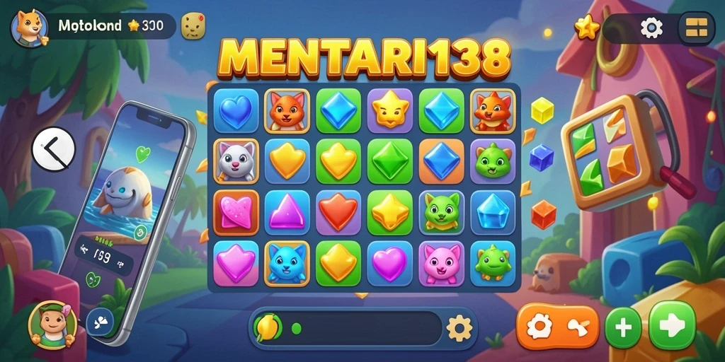 Tangkapan layar <strong>MENTARI138</strong> menunjukkan aksi gameplay Match-3 yang seru dan menarik.