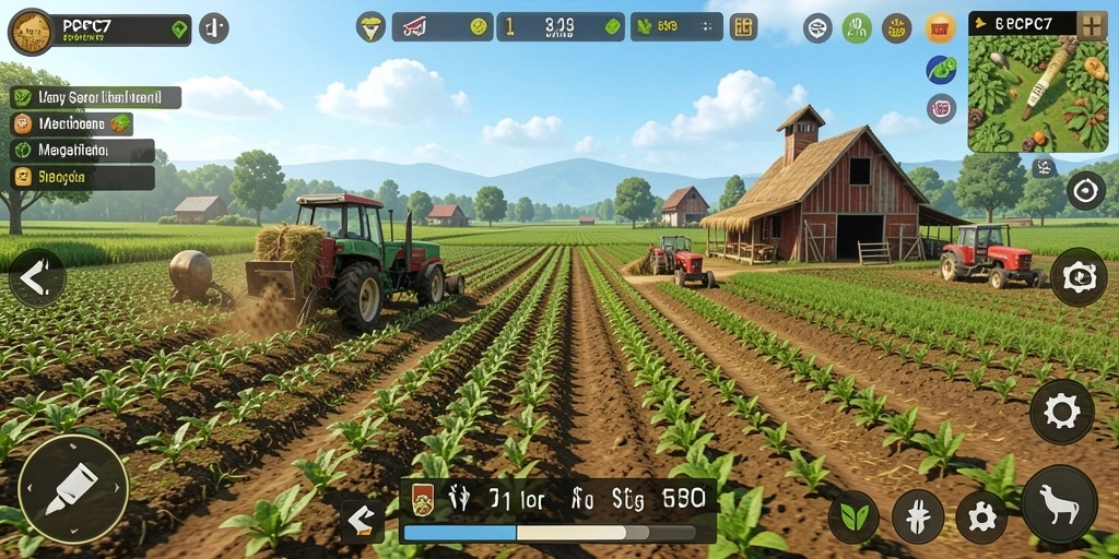 Tangkapan layar gameplay PCPC7 menampilkan kebun yang subur dan hewan ternak.