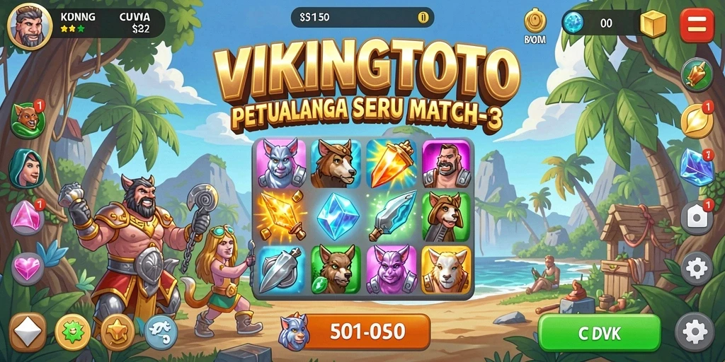 Tangkapan layar VIKINGTOTO menampilkan aksi gameplay Match-3 yang seru dan penuh warna.